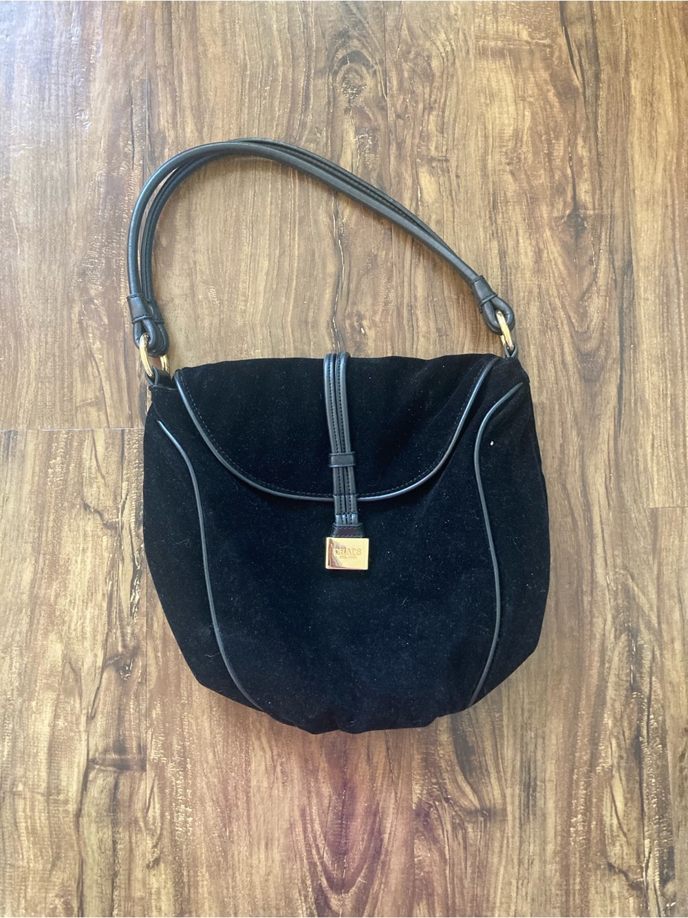 Chaps Black Velvet Shoulder Bag with Gold Accents Luxury Handbag